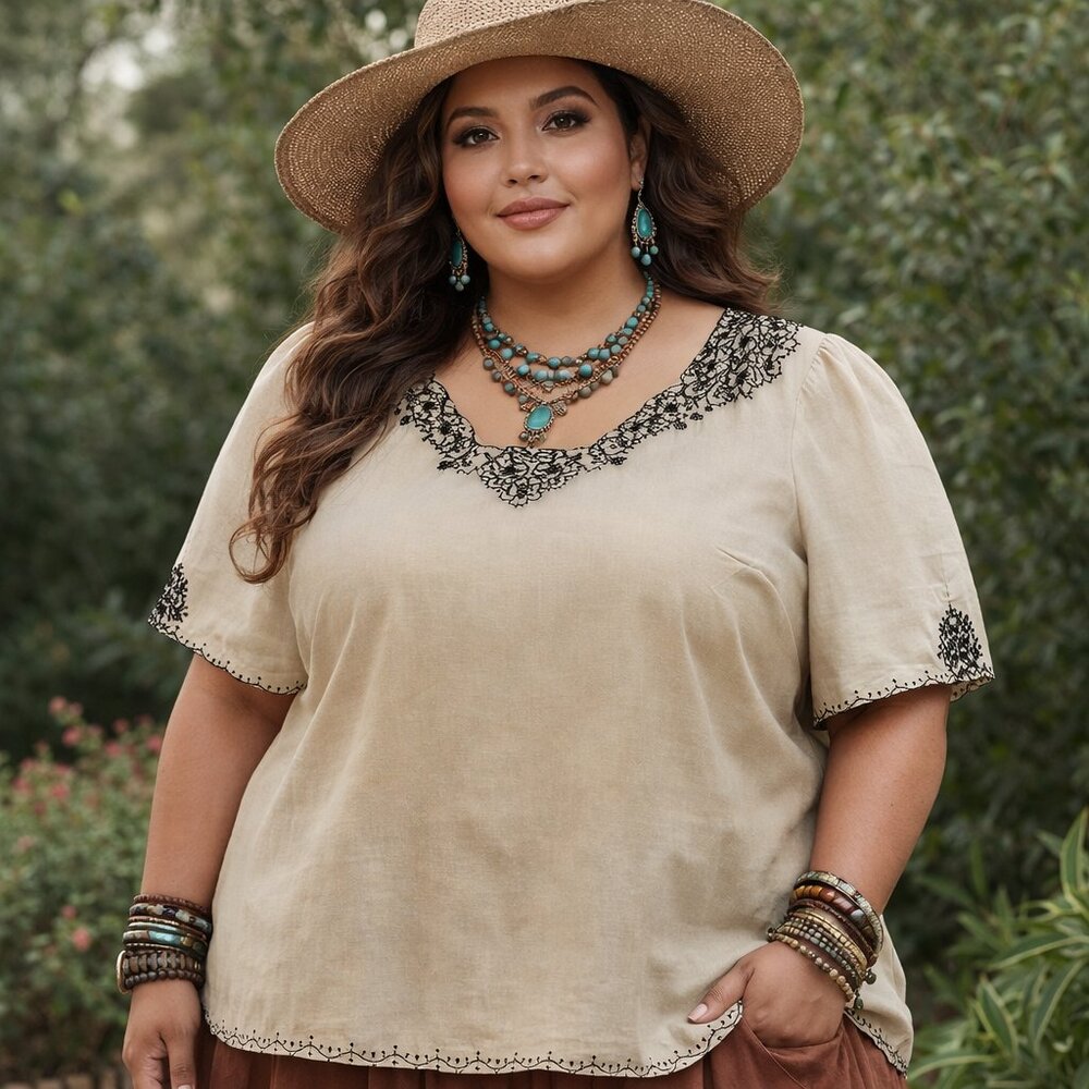 Saint Tropez West NWOT Linen Tan Embroidered Boho Top Blouse Plus Size 3X